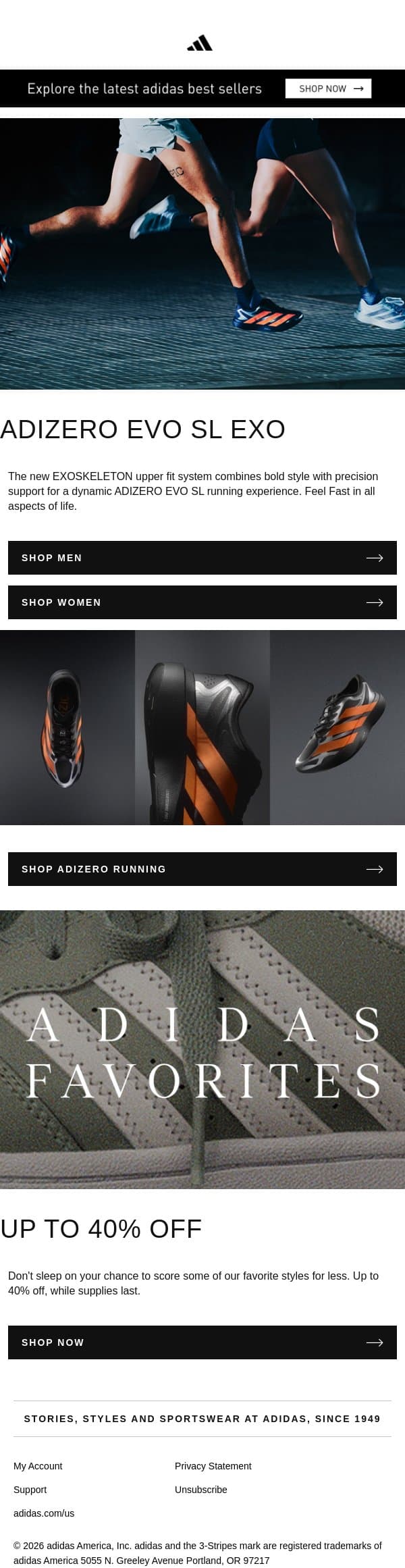 Feel fast in the new ADIZERO EVO SL EXO running shoe email from adidas screenshot