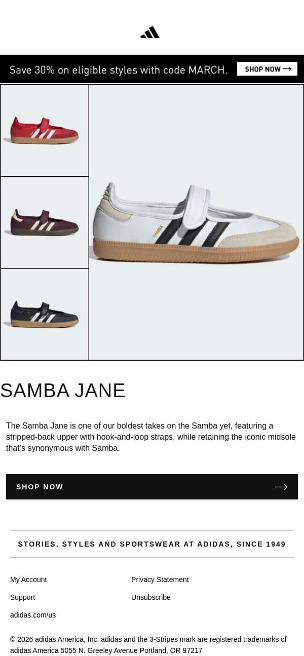 Make a statement in Samba Jane email from adidas screenshot