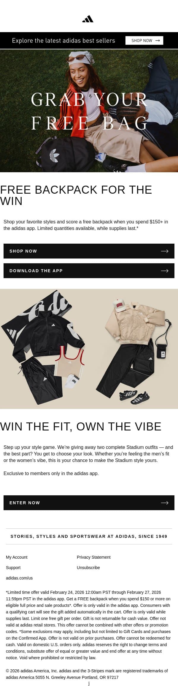 Orders $150+ get a free backpack ➡️ email from adidas screenshot