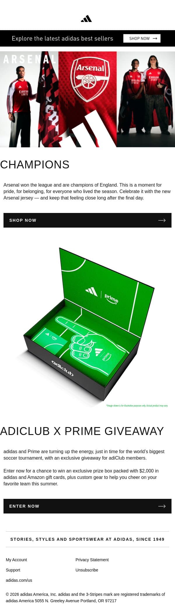 Arsenal are champions of England email from adidas screenshot