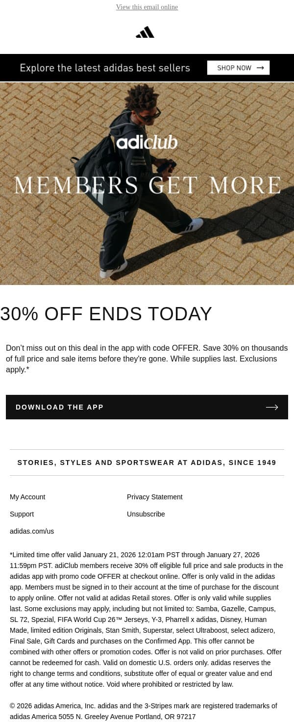 It’s the last day to save in the app email from adidas screenshot