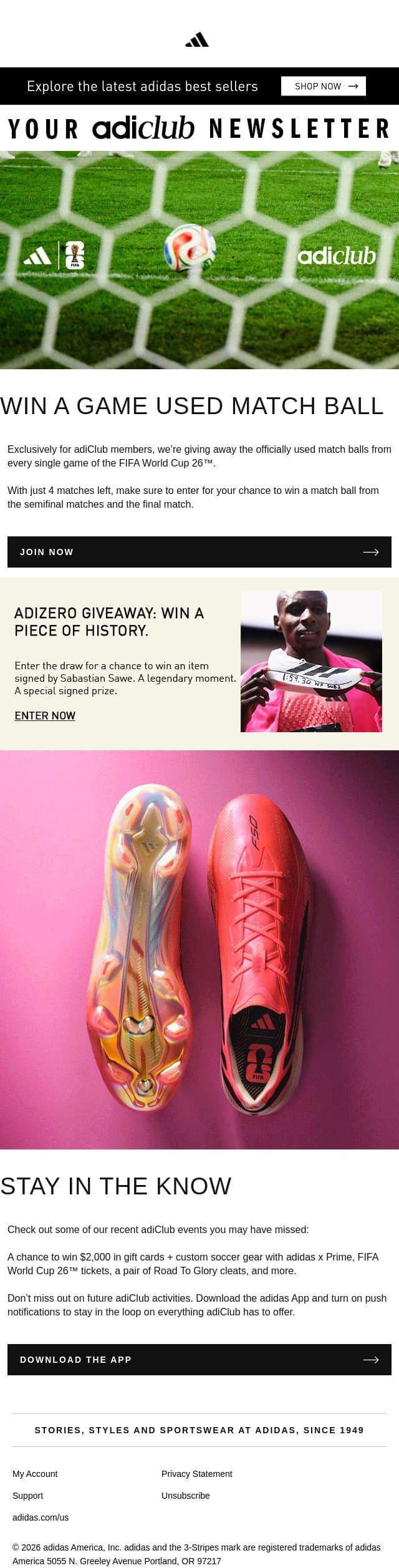 Check out this month's adiClub benefits, here is your July Newsletter email from adidas screenshot