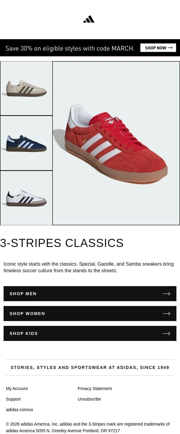 Iconic 3-Stripes sneakers email from adidas screenshot