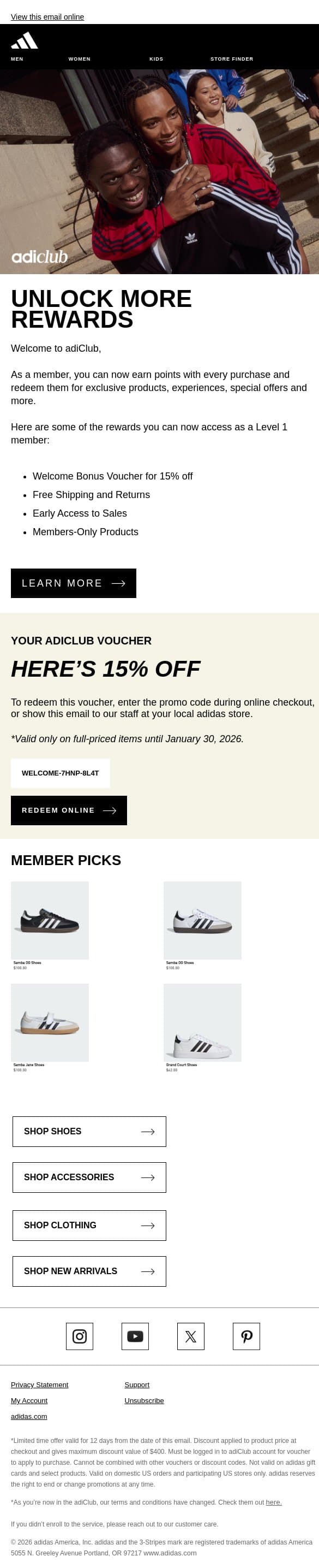 🎁 Welcome to adiClub! Explore your rewards email from adidas screenshot