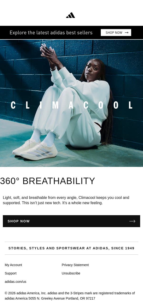 Pure comfort, grounded in innovation email from adidas screenshot