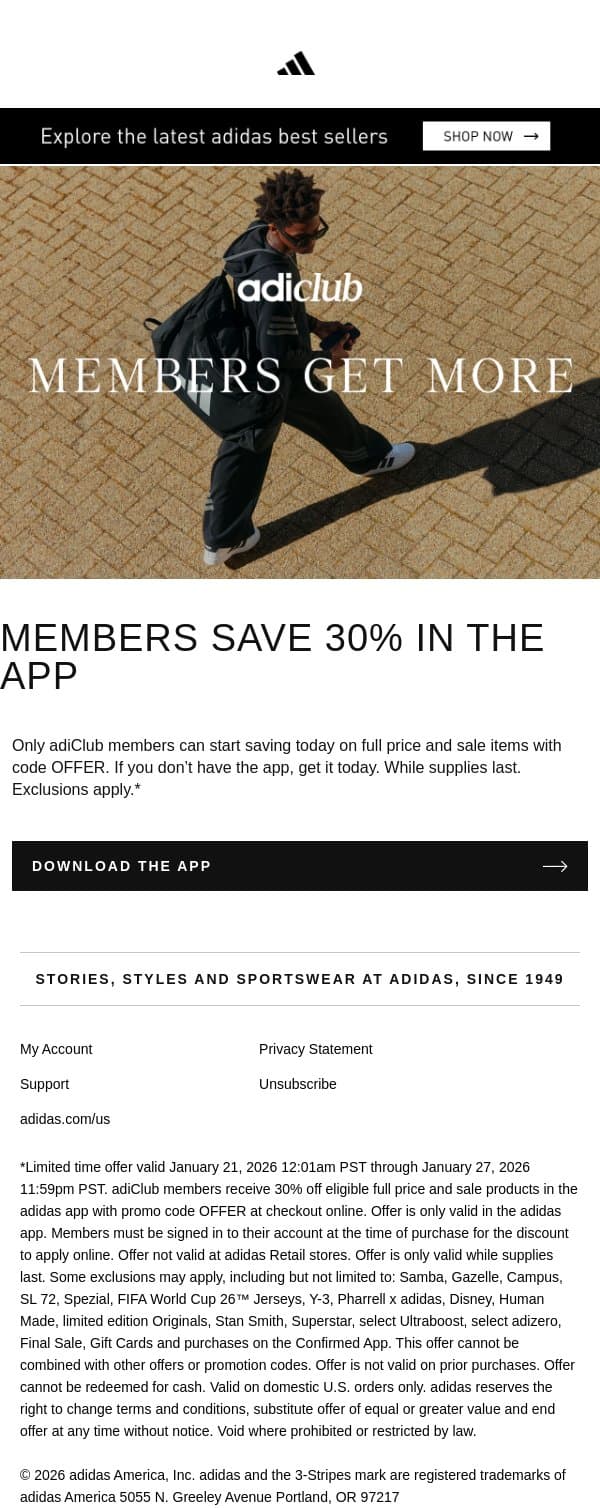 30% off savings are only in the app email from adidas screenshot