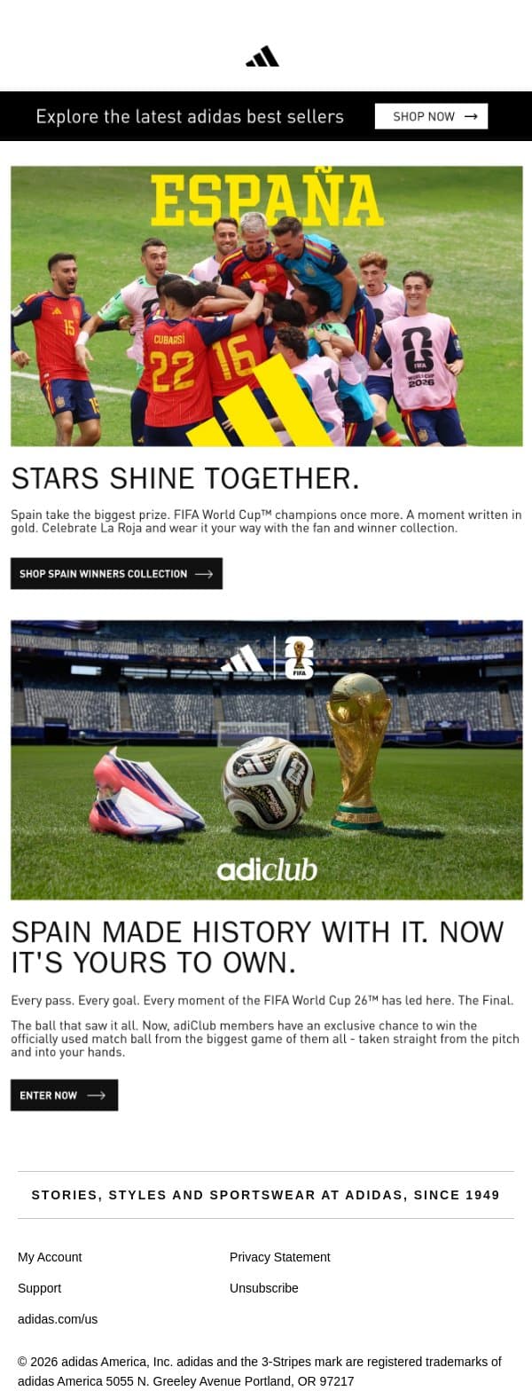 WORLD CHAMPIONS. SPAIN 🇪🇸⚽️🏆 email from adidas screenshot