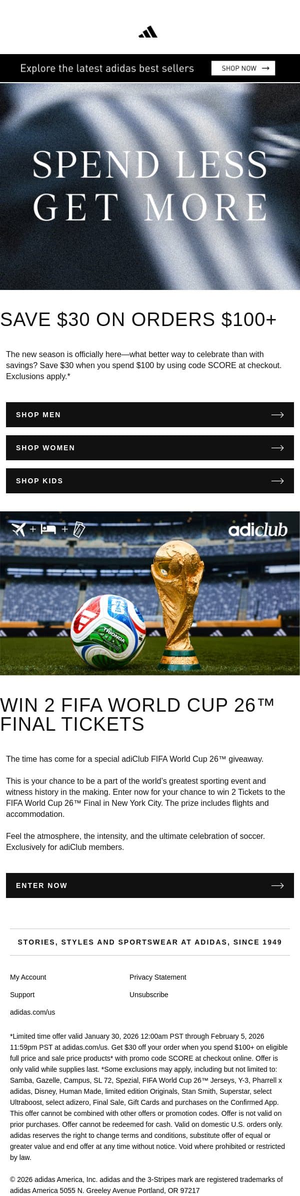 Spend $100, get $30 off at checkout email from adidas screenshot