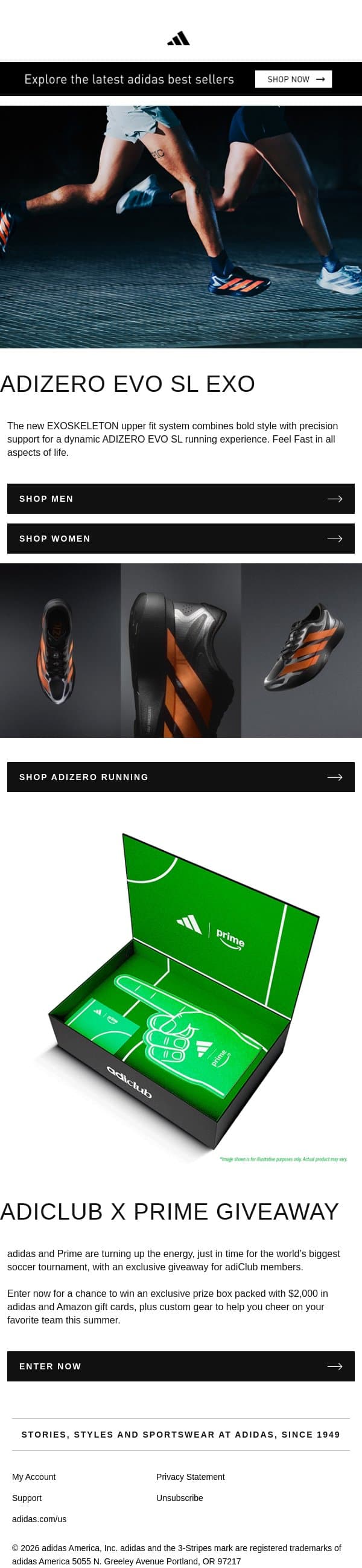 Explore the latest: ADIZERO EVO SL EXO running shoes email from adidas screenshot