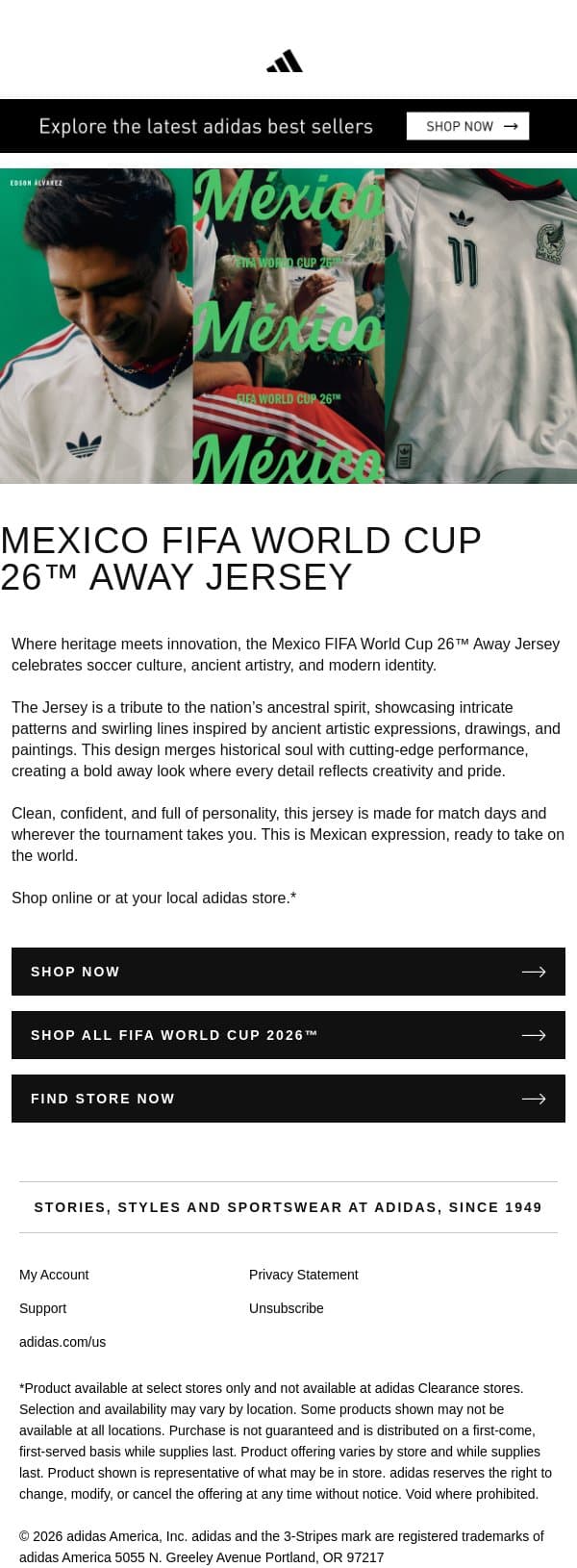 When heritage meets innovation, the Mexico FIFA World Cup 26™ Away Jersey email from adidas screenshot