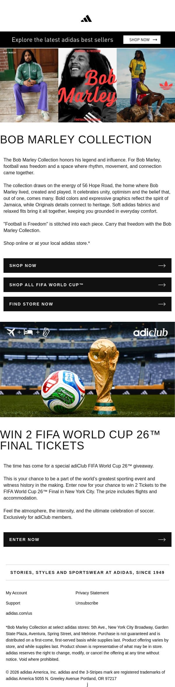 Bob Marley Collection email from adidas screenshot