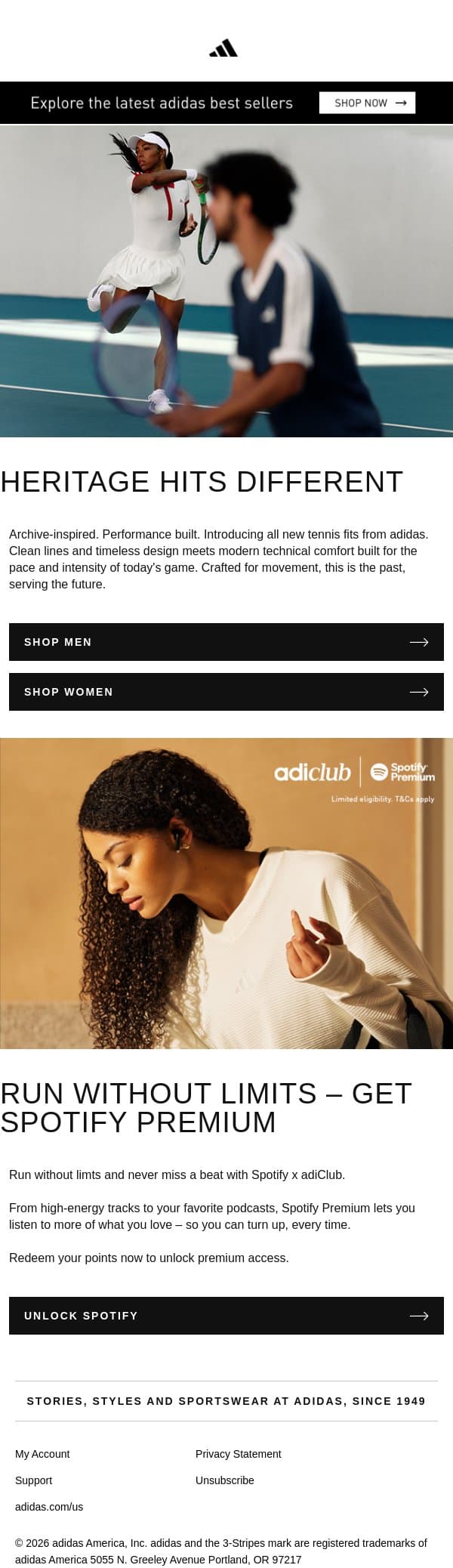 This is Heritage email from adidas screenshot