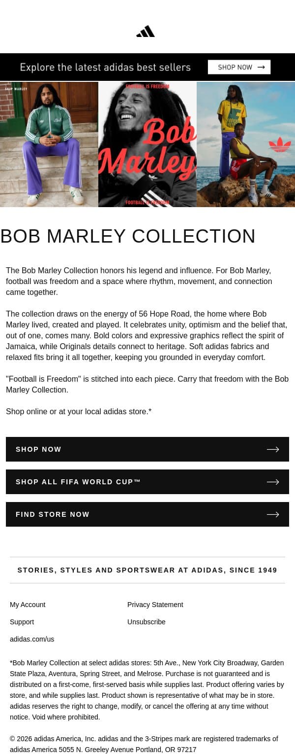 Explore the new Bob Marley collection email from adidas screenshot