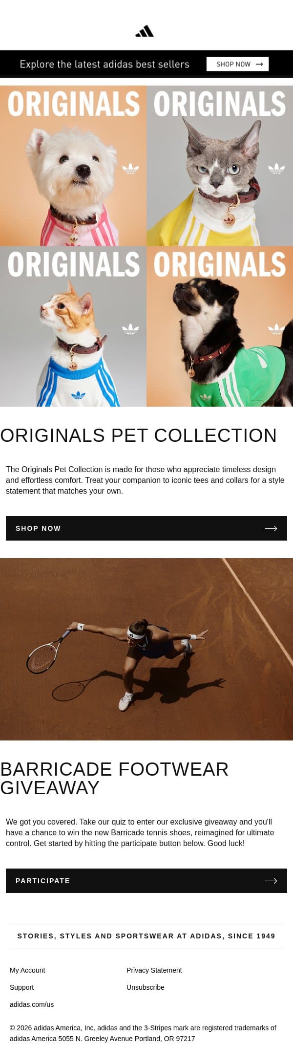 The Originals Pet Collection is here 🐶🐱 email from adidas screenshot