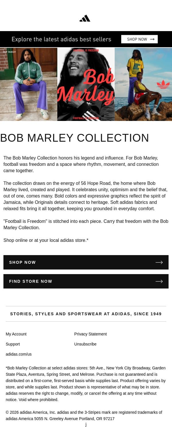 Bob Marley Collection: Honoring his legend and influence email from adidas screenshot