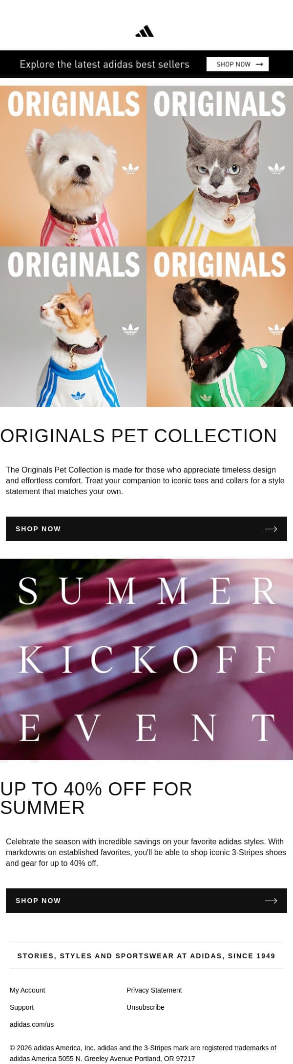 New arrival: Originals Pet Collection 🐾 email from adidas screenshot