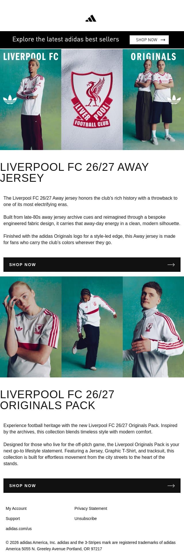 Liverpool FC 26/27 jerseys email from adidas screenshot