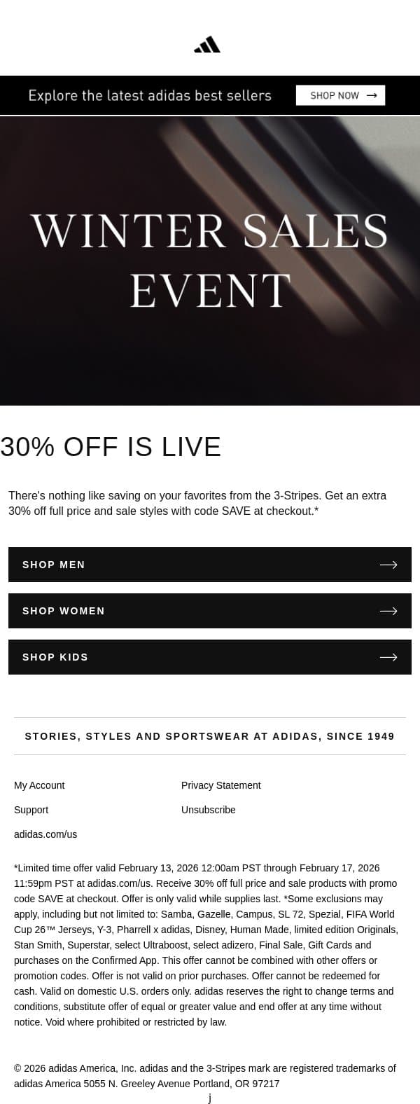 SALE: Extra 30% off email from adidas screenshot