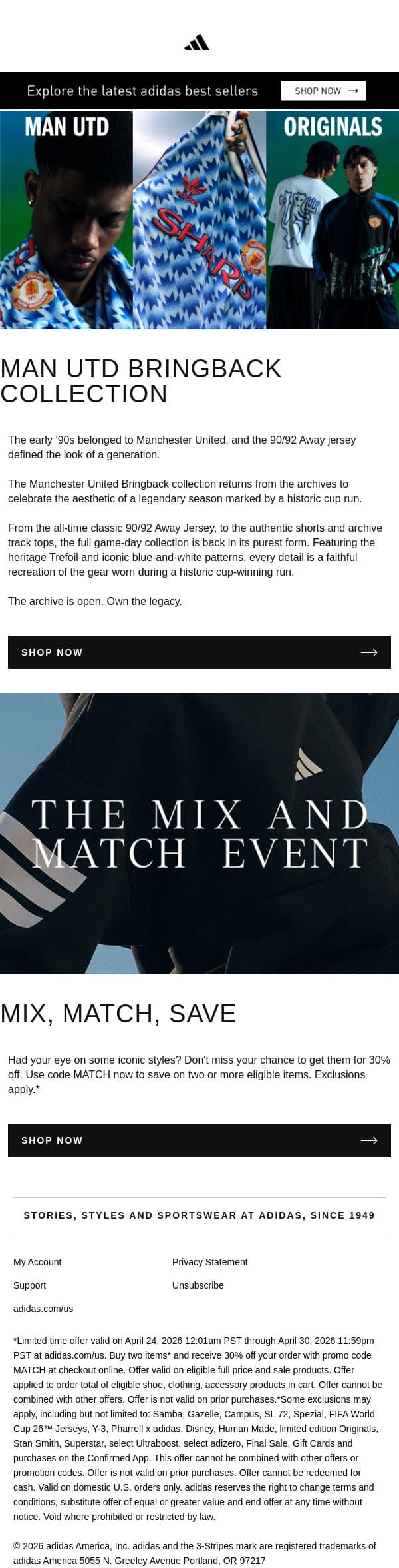 Manchester United Bringback Collection email from adidas screenshot