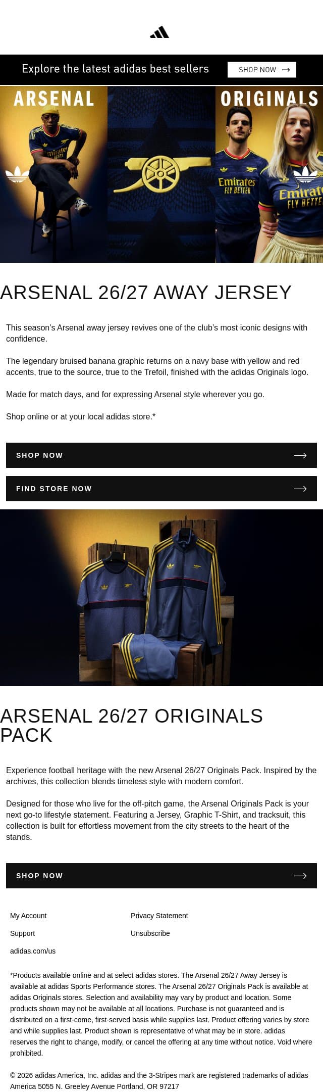 Arsenal 26/27 away jersey, made for match days email from adidas screenshot