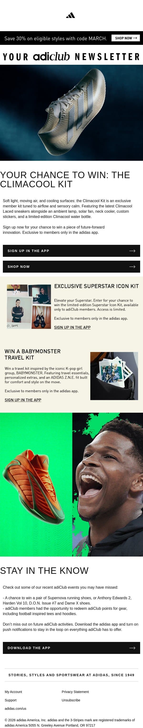 adiClub Newsletter: Another month, more rewards email from adidas screenshot