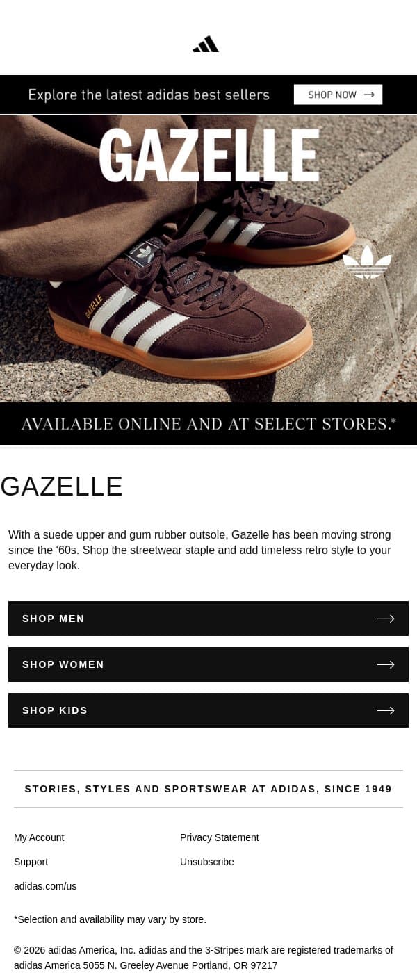 Gazelle is truly timeless email from adidas screenshot