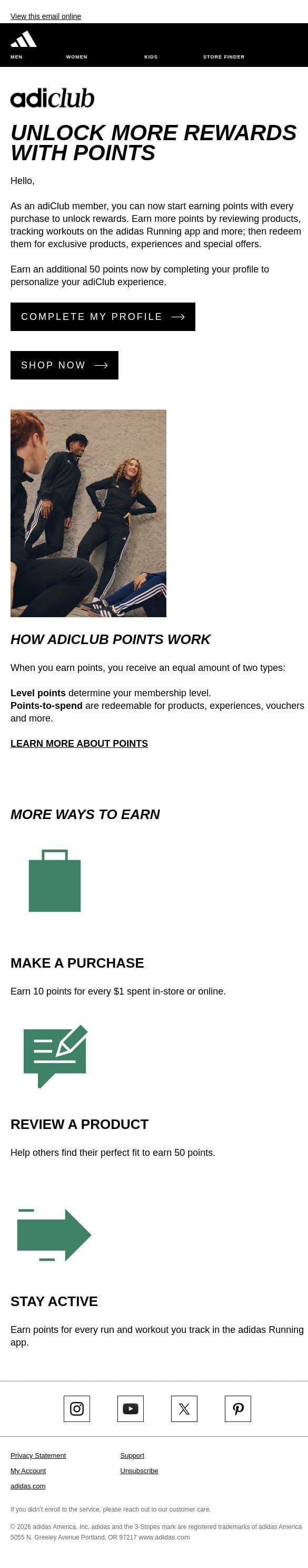Earn adiClub points to unlock more rewards email from adidas screenshot