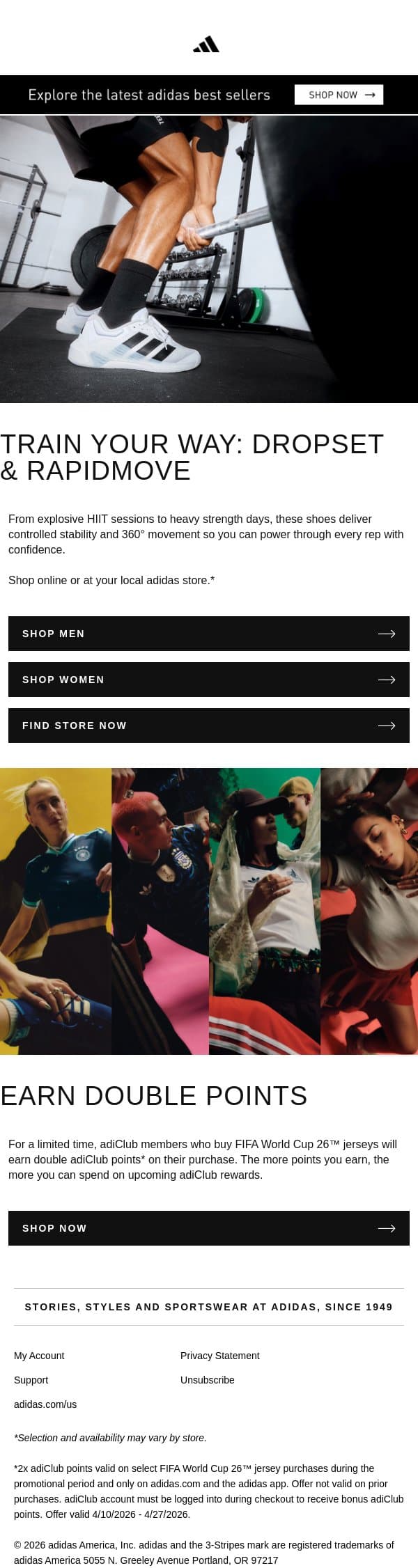 Performance focused footwear email from adidas screenshot
