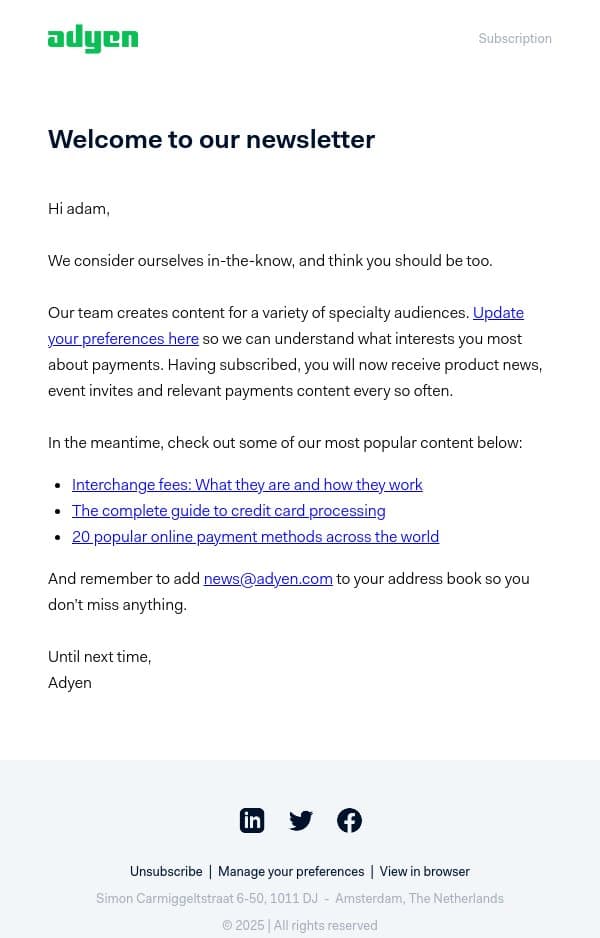 Welcome to Adyen, Let’s take your payments further email from Adyen screenshot