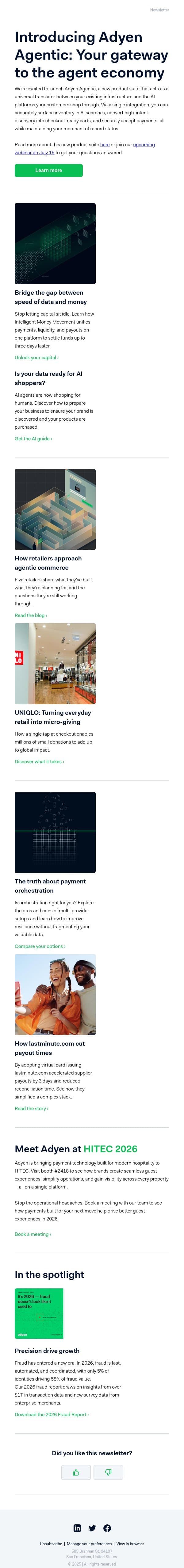 From fraud trends to AI agents and Intelligent Money Movement email from Adyen screenshot