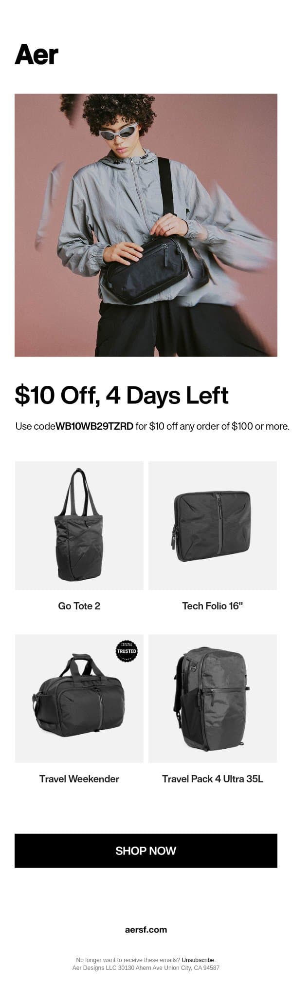 $10 Off, Four Days Left email from Aer screenshot