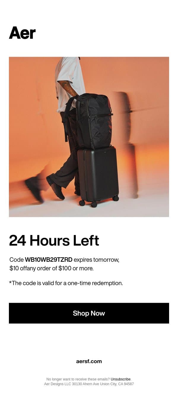 Your Code Expires Tomorrow email from Aer screenshot