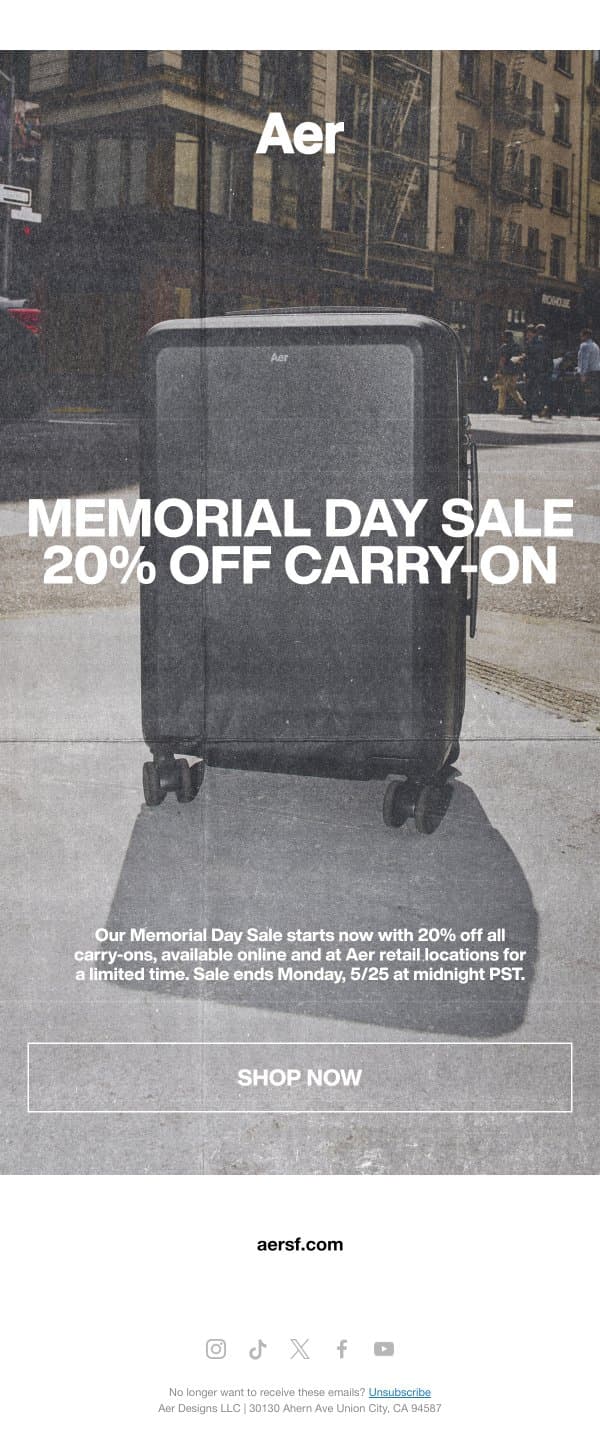 20% Off Carry-Ons for Memorial Day email from Aer screenshot