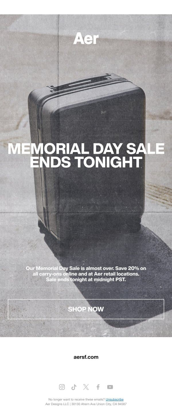 Last Chance for 20% Off Carry-Ons email from Aer screenshot