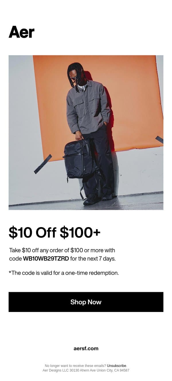 Take $10 Off Your Next Order email from Aer screenshot