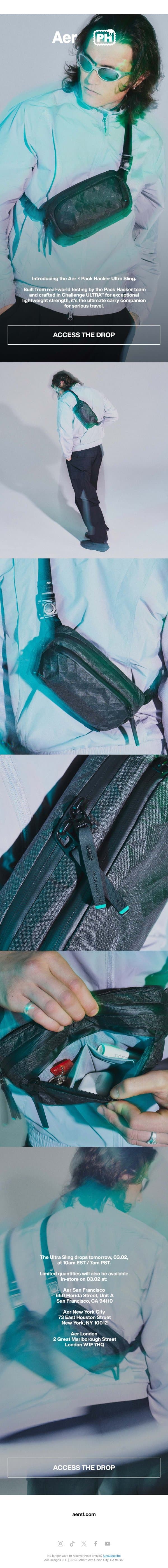 Aer x Pack Hacker: Ultra Sling Drops Tomorrow email from Aer screenshot