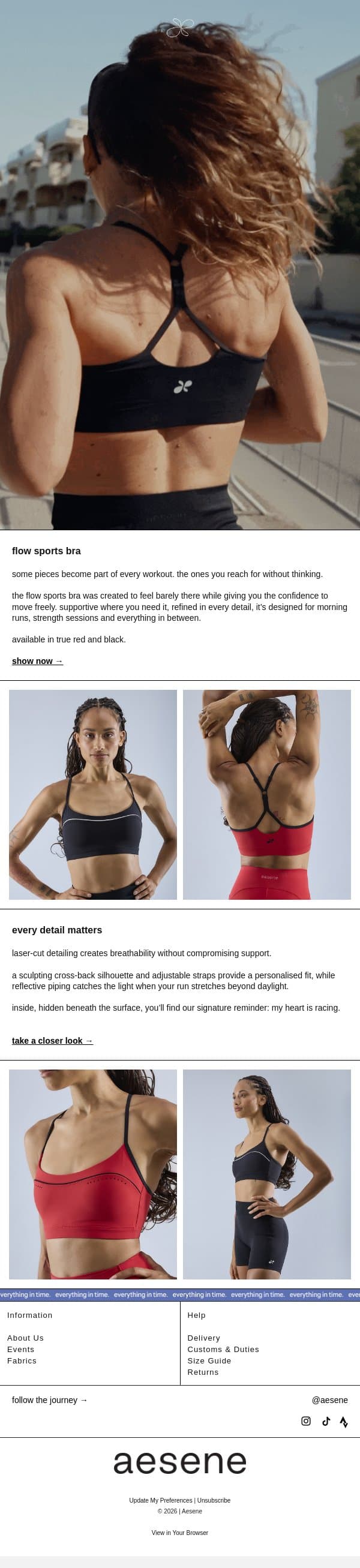 meet the flow sports bra email from Aesene screenshot