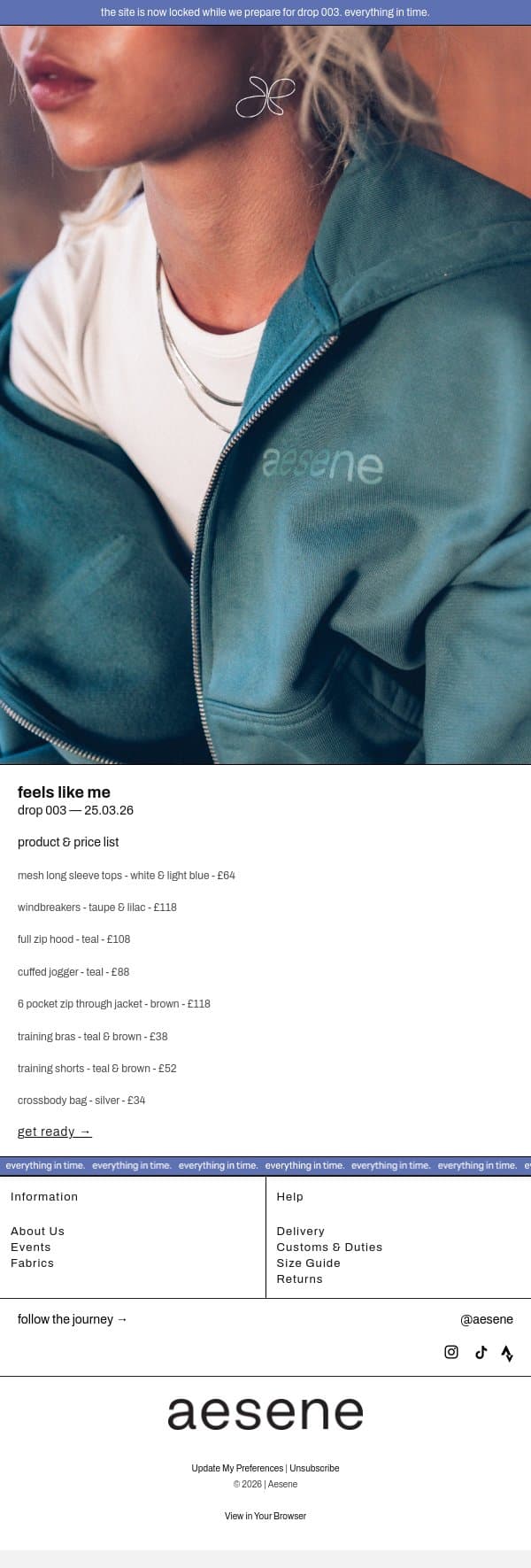 drop 003 — product & price list email from Aesene screenshot