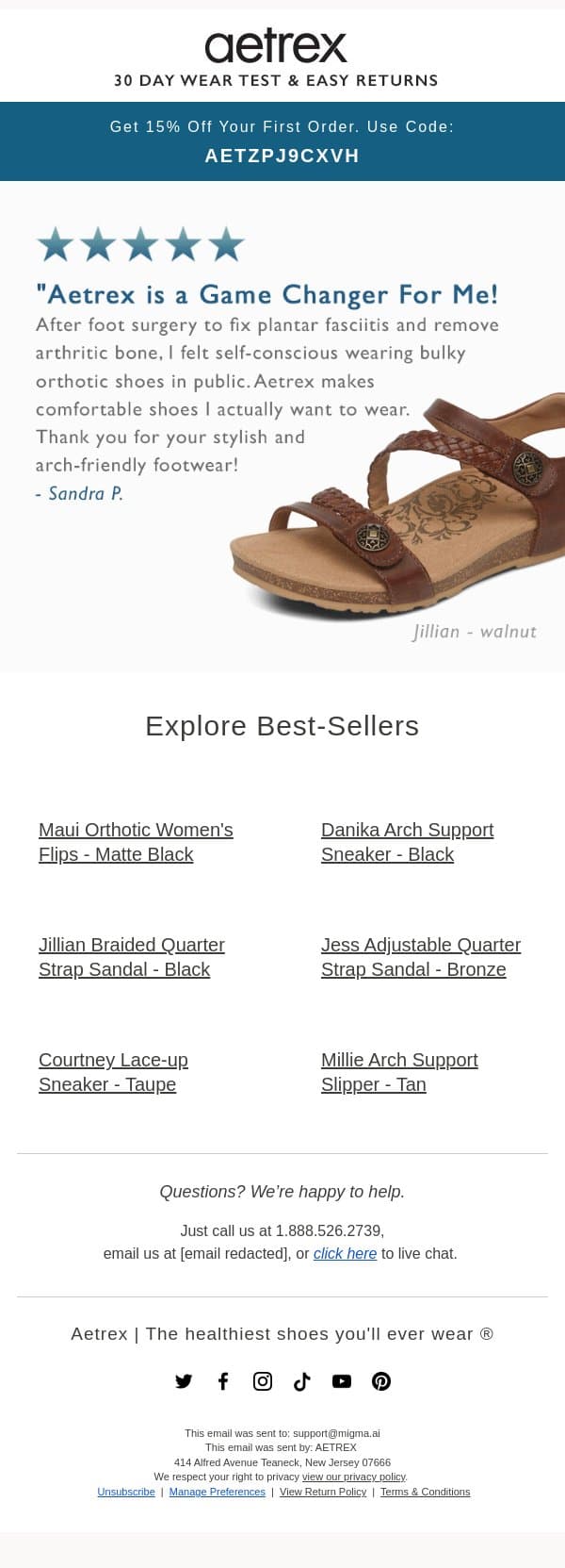 Not sure where to begin? Start here. email from Aetrex screenshot