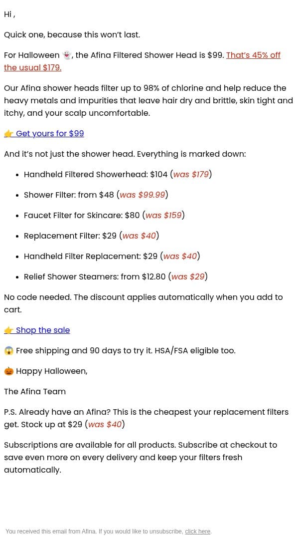 Halloween sale is LIVE: 45% off Afina email from Afina screenshot