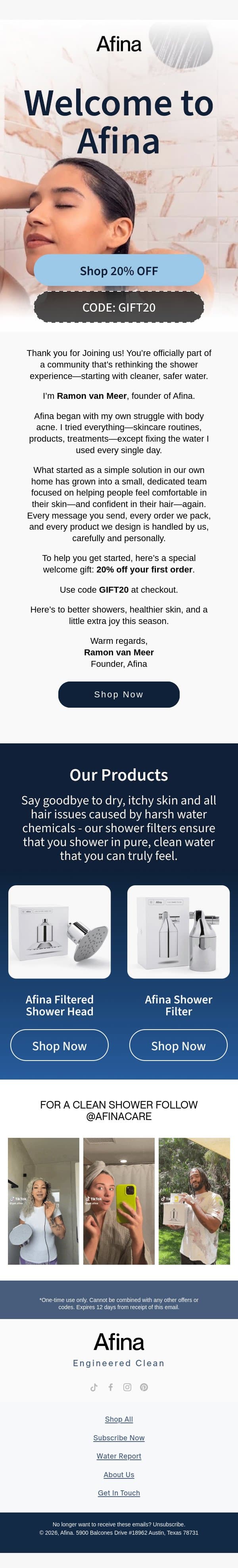 Your best showers start here email from Afina screenshot
