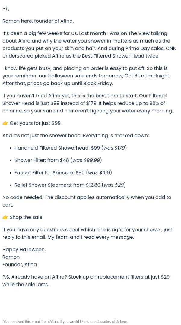A quick note before our sale ends email from Afina screenshot