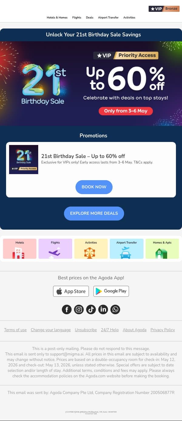 adam, Up to 60% OFF this 21st Birthday Sale! email from Agoda screenshot
