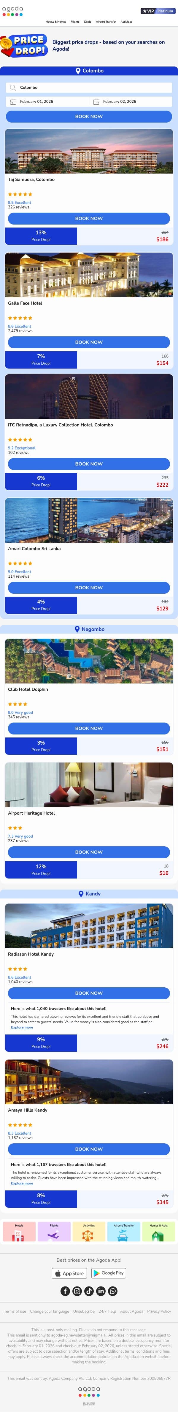 adam, top price drops in Colombo, selected for you! email from Agoda screenshot