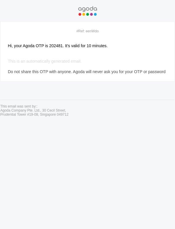 Your email OTP for Agoda is 202481 email from Agoda screenshot