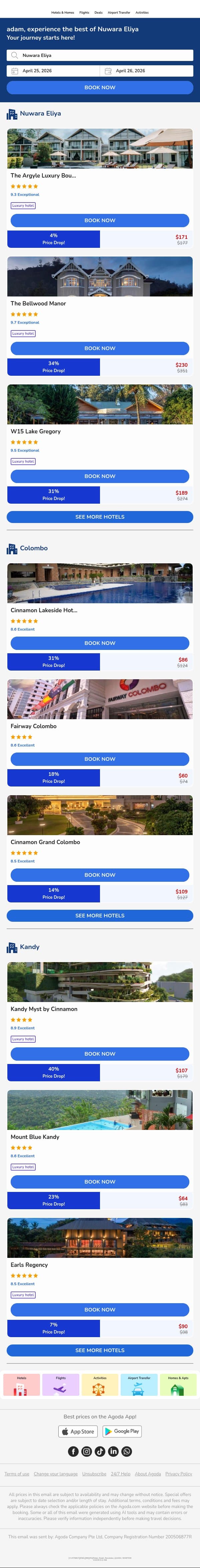 adam, top price drops in Nuwara Eliya, selected for you! email from Agoda screenshot