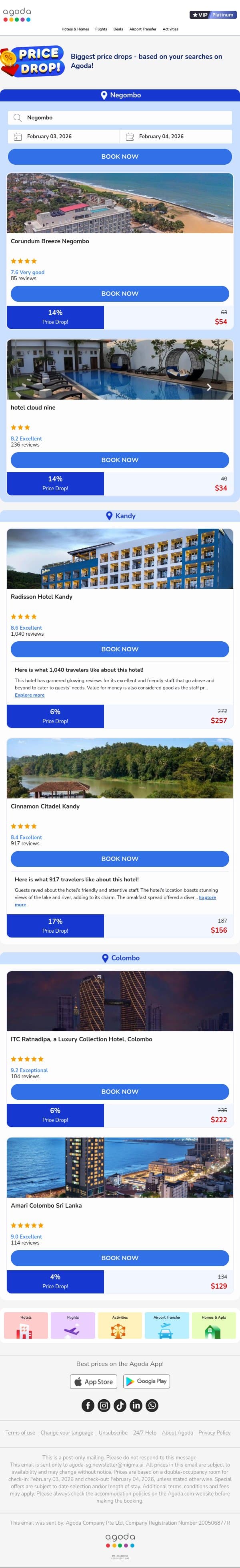 adam, top price drops in Negombo, selected for you! email from Agoda screenshot
