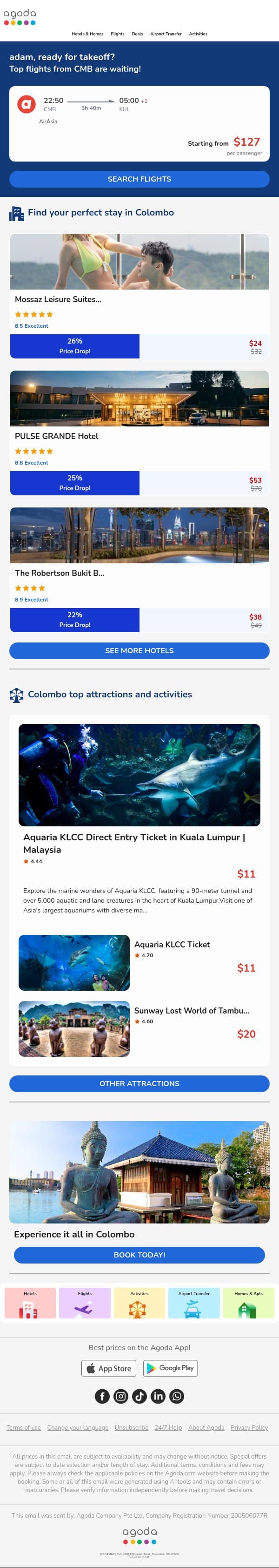 adam, take off for less — this week's best fares inside! email from Agoda screenshot