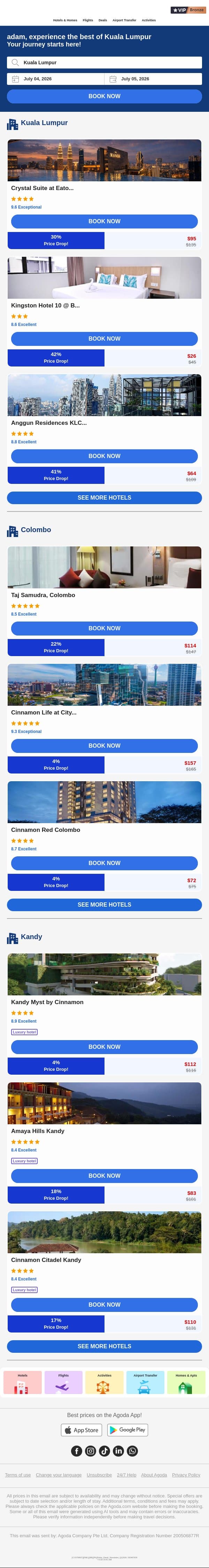 adam, top price drops in Kuala Lumpur, selected for you! email from Agoda screenshot