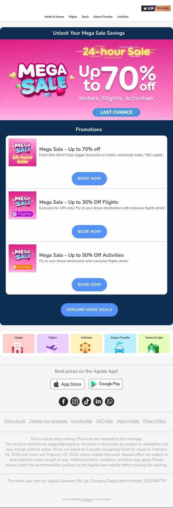 adam, Up to 70% off TODAY ONLY! email from Agoda screenshot